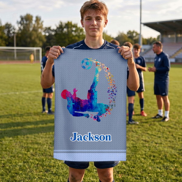 Personalized Watercolor Splatter Paint Silhouette Quick Drying Soft Sports Towel with Name Back to School Birthday Gift for Sport Lover Son Daughter