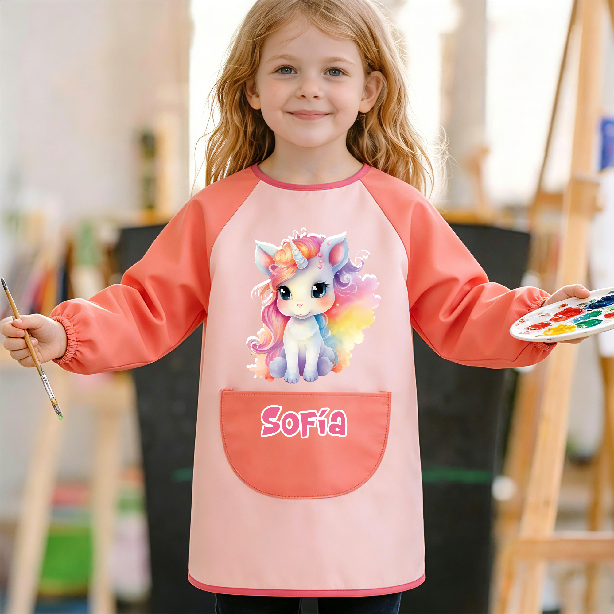 Personalisierte Kinder-Schürze mit Fantasy Einhorn und Namen | mit Vordertasche | Backen Malen Basteln Outdoor-Aktivitäten Geschenk für Kinder