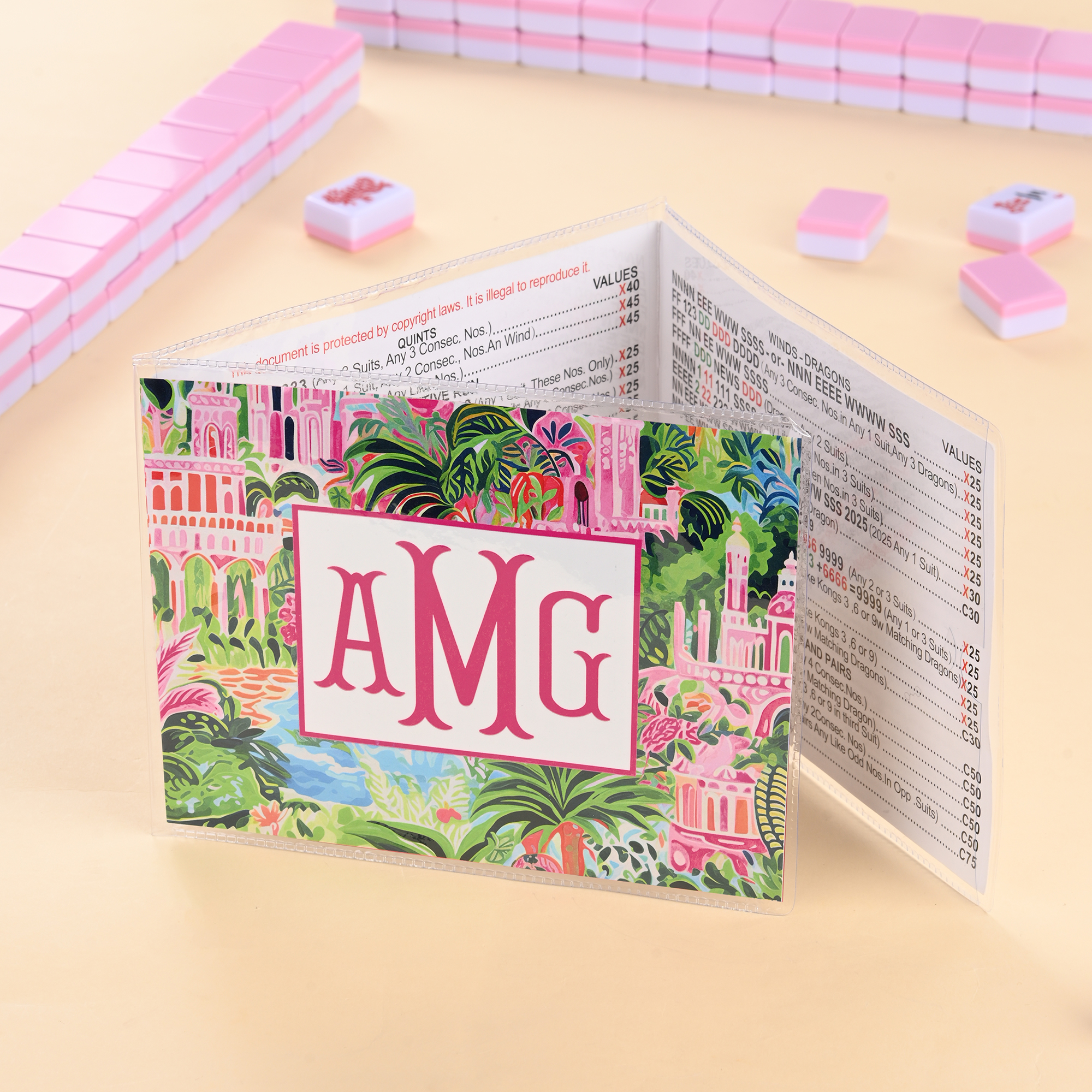 Personalisiertes Set aus Aufklebern für dreifach gefaltete Karten mit tropischen Blumenmotiven in Aquarelloptik und Monogramm – Geschenk zum Geburtstag oder für einen Mahjong-Abend für Mahjong-Fans