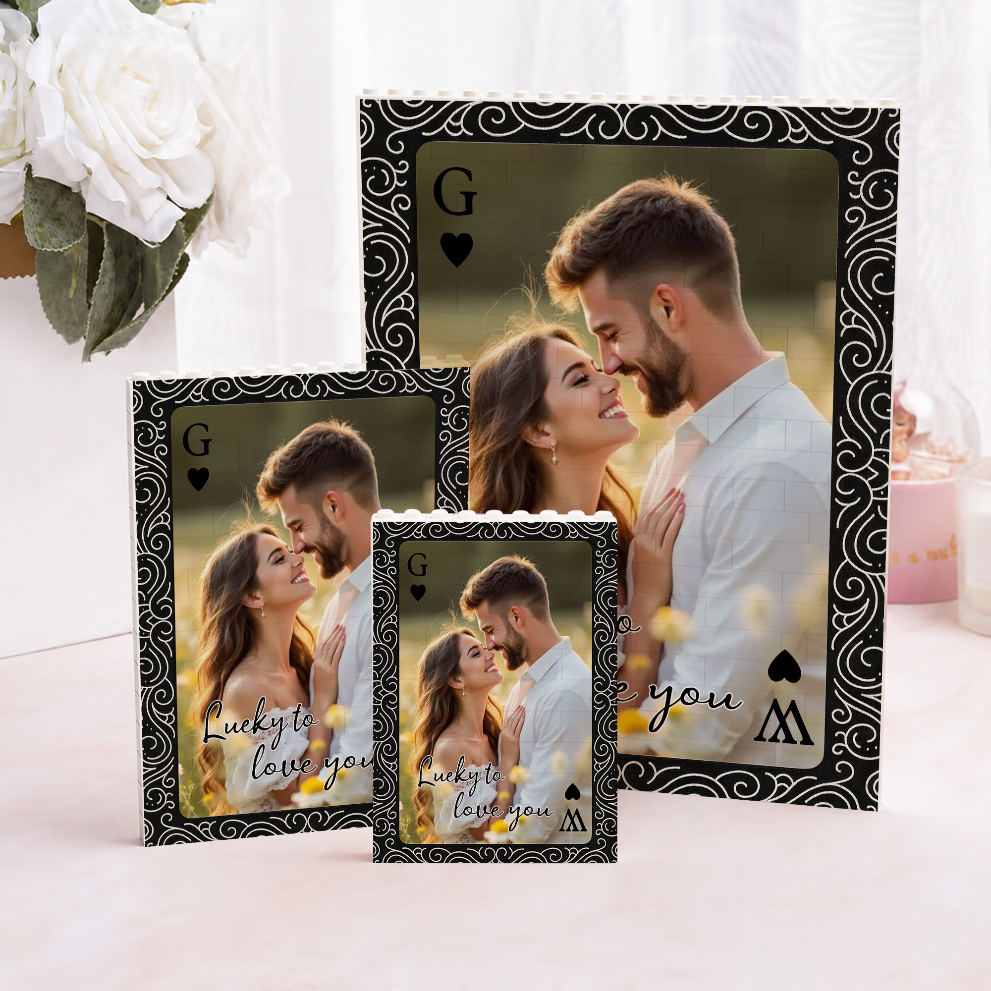 Individuell gestaltete Barock-Spielkarten-Foto-Bausteinpuzzles mit Initialen und Text – Geschenk zum Hochzeitstag oder Geburtstag für Paare