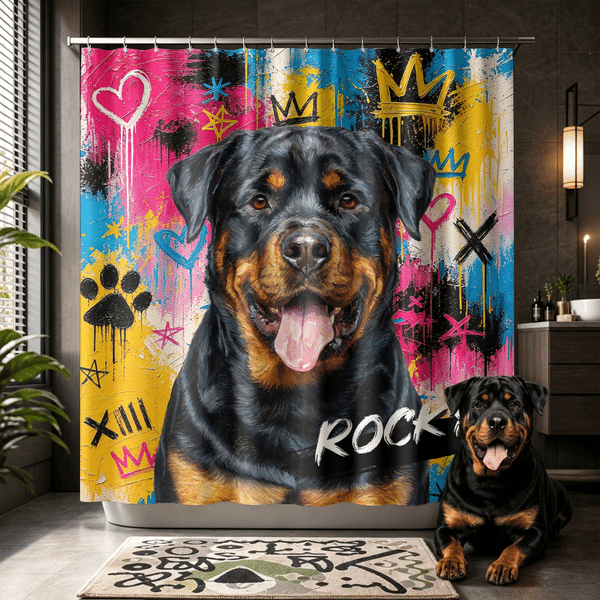 Personalized Graffiti Oil Painting Pet Photo Shower Curtain with Name and 12 Hooks Bathroom Decor Birthday Housewarming Gift for Pet Owner Lover