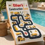 Personalised Cartoon Construction Lorry Road Map Soft Quick Dry Beach Towel with Name Summer Beach Party Birthday Gift for Boys Kids
