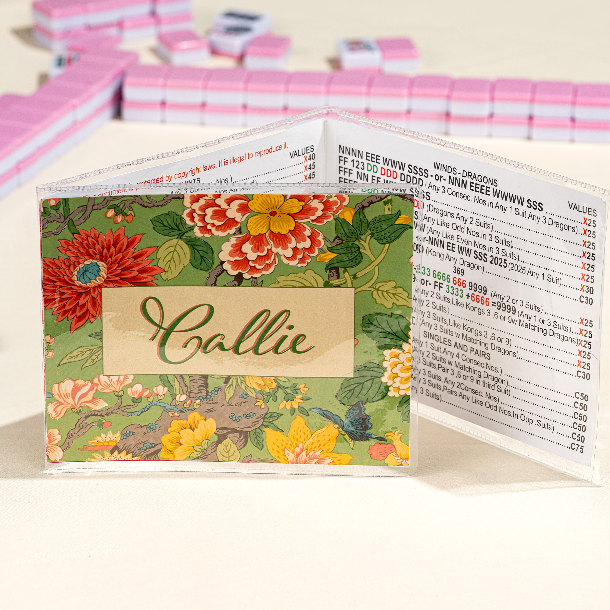 Personalisiertes, tragbares, wasserfestes Chinoiserie-Mahjong-Kartenschutzaufkleber-Set im Dreifach-Faltformat mit Namensaufdruck – Spiel- und Geburtstagsgeschenk für Mahjong-Liebhaber und -Spieler