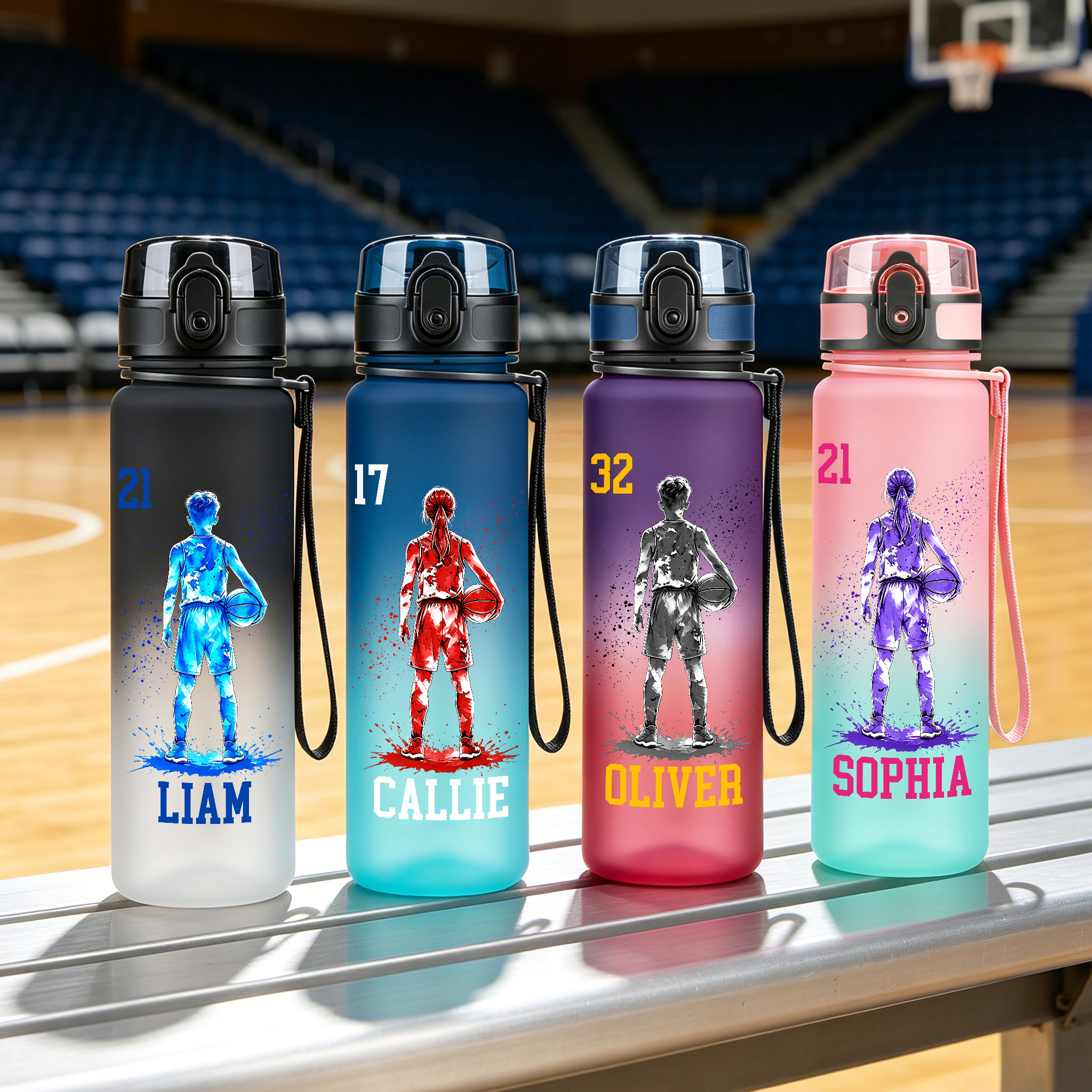 Personalisierte, mehrfarbige Trinkflasche mit Basketballspieler-Silhouette, Namen und Nummer – ideal für den täglichen Flüssigkeitsbedarf, auf Reisen und als Geburtstagsgeschenk für jugendliche Spiele