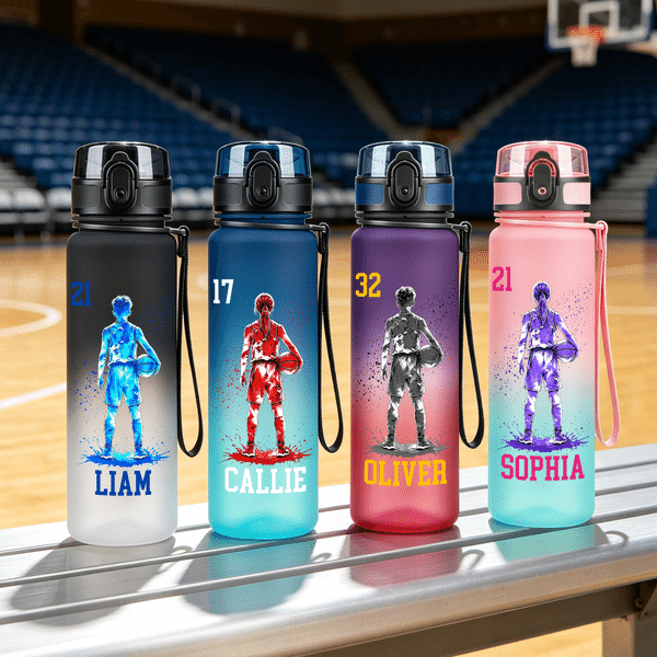 Personalised Multicolour Basketball Player Silhouette Water Bottle with Name and Number Daily Drinking Travel Birthday Gift for Teenagers Players