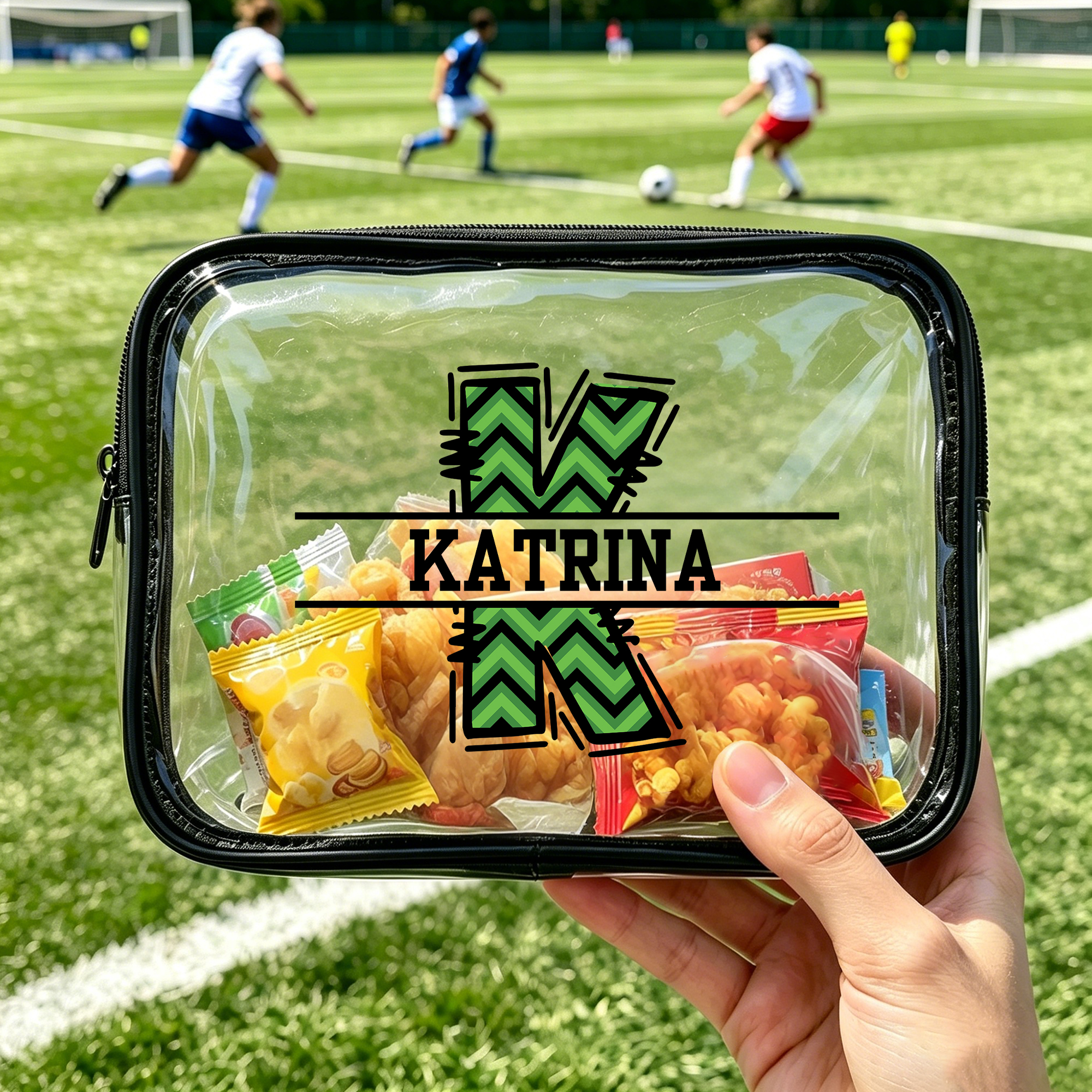 Personalisierte, wasserfeste, durchsichtige Kosmetiktasche mit Fußball-Initialen und Snackbeutel – mit Namen, Fußballverein, Sportmannschaft – Partyschenk für Fußballfans, Freunde und Kinder