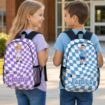 Personalized 3D Cartoon Character Multicolour Plaid Large Capacity Backpack with Name Back to School Birthday Gift for Boys Girls