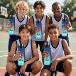 Personalisierte, mehrfarbige Trinkflasche mit Basketballspieler-Silhouette, Namen und Nummer – ideal für den täglichen Flüssigkeitsbedarf, auf Reisen und als Geburtstagsgeschenk für jugendliche Spiele