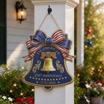 Personalised American Flag Bow Liberty Bell 250th Anniversary Wooden Sign with Text Home Decor Independence Day Anniversary Gift for Family Friends