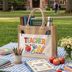 Personalised Faux Patchwork Style Large Capacity Classic Jute Tote Bag with Text Daily Use Holiday Teacher's Day Gift for Educators Teachers
