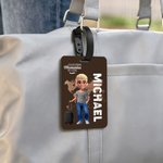 Etiqueta de equipaje personalizada con personaje de dibujos animados y nombre regalo de cumpleaños y viaje para familia o amantes del viaje
