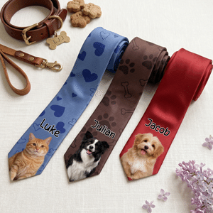 Personalized Heart Paw Print Bone Pet Photo Patch Tie with Name Birthday Anniversary Father's Day Gift for Man Pet Lover