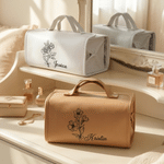 Personalized PU Leather Foldable Travel Makeup Bag with Birth Flower and Name Birthday Gift for Woman