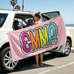 Personalized Multicolor Dalmatian Dot Oversized Quick Dry Magnetic Beach Towel with Name Summer Vacation Beach Party Birthday Gift for Family Friends