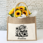 Personalized Highland Cow Sunflower Large Reusable Jute Bag with Name Daily Use Birthday Gift for Friends Family