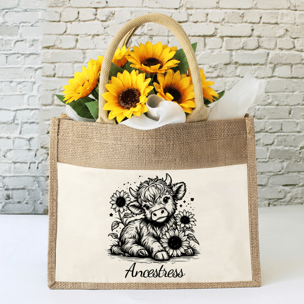 Personalised Highland Cow Sunflower Large Reusable Jute Bag with Name Daily Use Birthday Gift for Friends Family