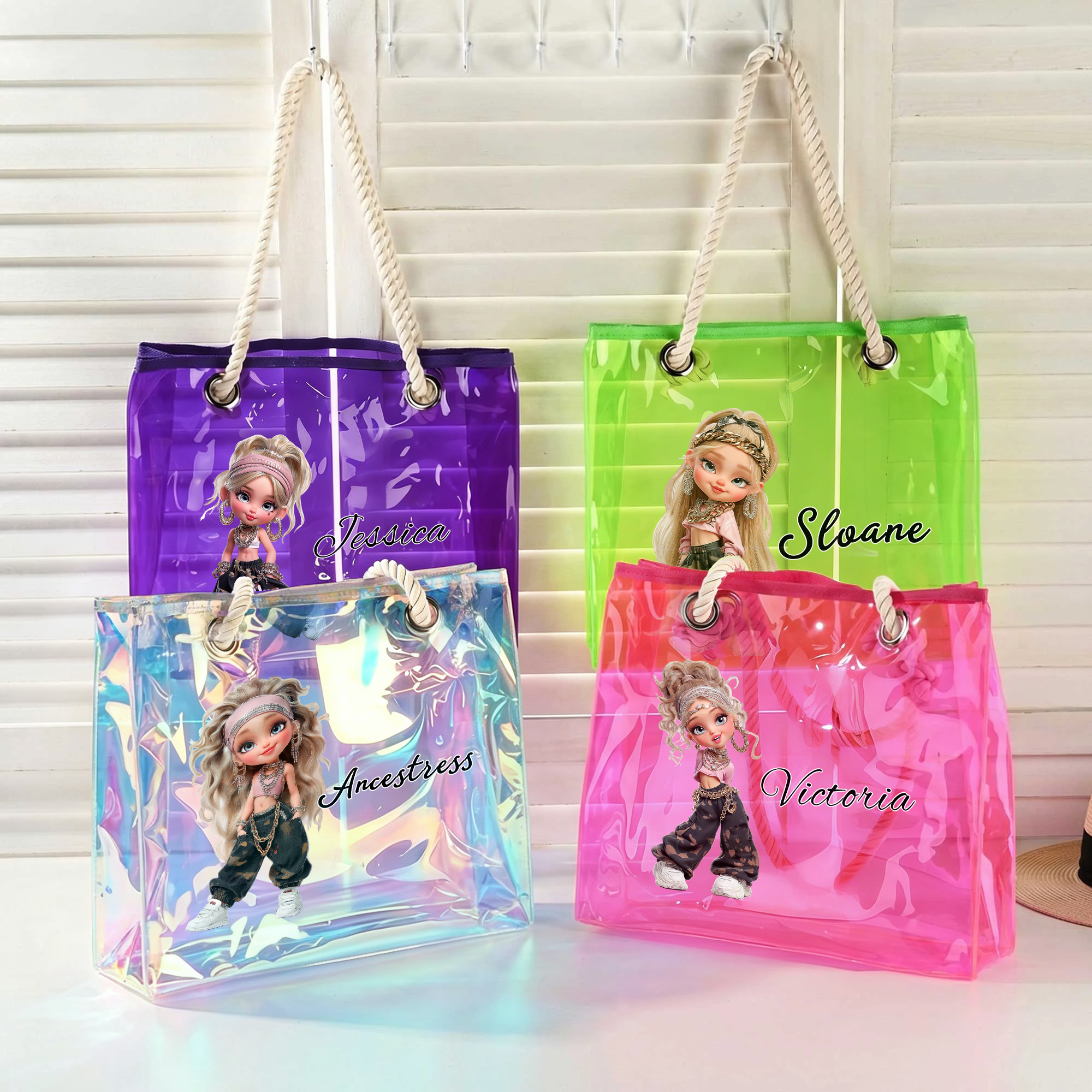 Personalisierte Cartoon-Tote-Bag „Y2K Girl“ – holografisch, transparent, mit Namen – Strandparty, Urlaub, Geburtstag – Geschenk für Frauen und Mädchen