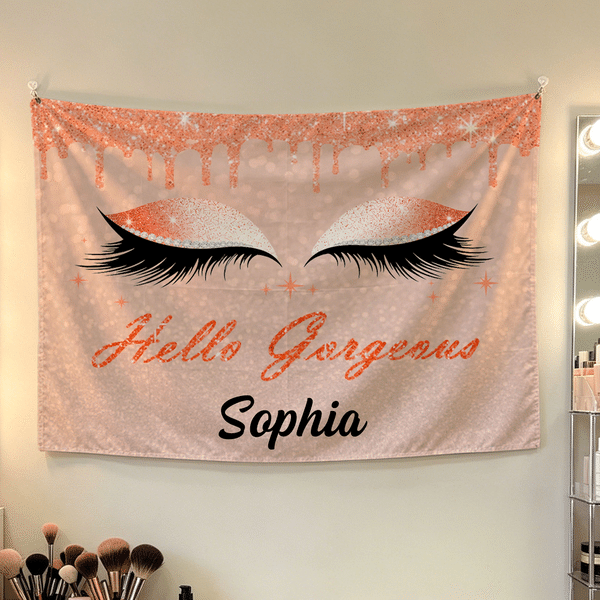 Personalized Hello Gorgeous Shiny Eye Makeup Multicolour Banner with Name Party Backdrop Decor Birthday Party Gift for Girl Sister