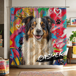 Personalized Graffiti Oil Painting Pet Photo Shower Curtain with Name and 12 Hooks Bathroom Decor Birthday Housewarming Gift for Pet Owner Lover