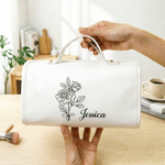 Personalized PU Leather Foldable Travel Makeup Bag with Birth Flower and Name Birthday Gift for Woman