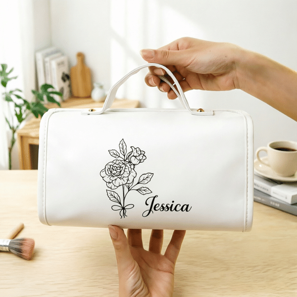 Personalized PU Leather Foldable Travel Makeup Bag with Birth Flower and Name Birthday Gift for Woman