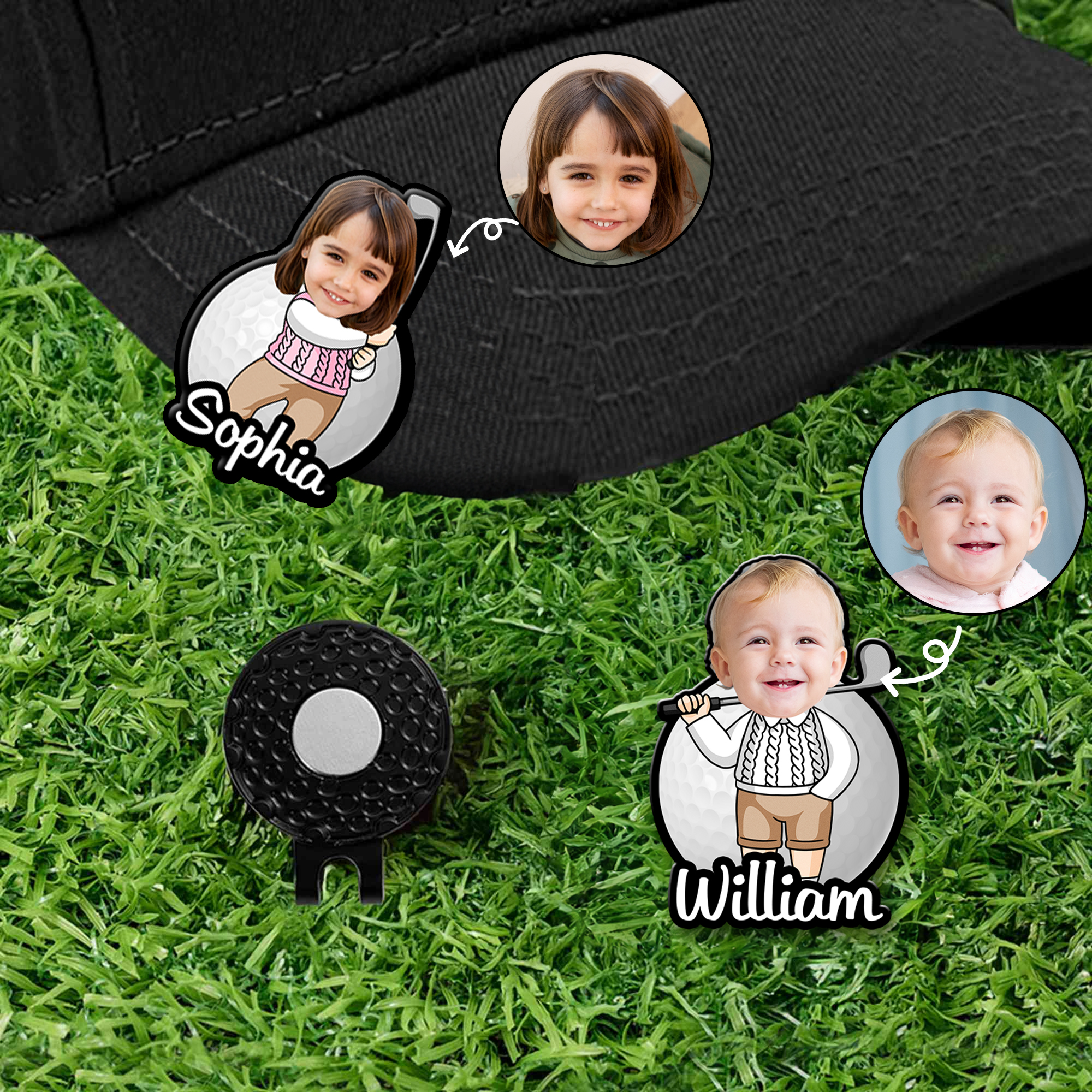 Individuell gestalteter Golfballmarker mit Cartoon-Figur und Kindergesicht – magnetischer Hutclip mit Namen – Geschenk zum Spieltag oder Geburtstag für Papa und Golfbegeisterte