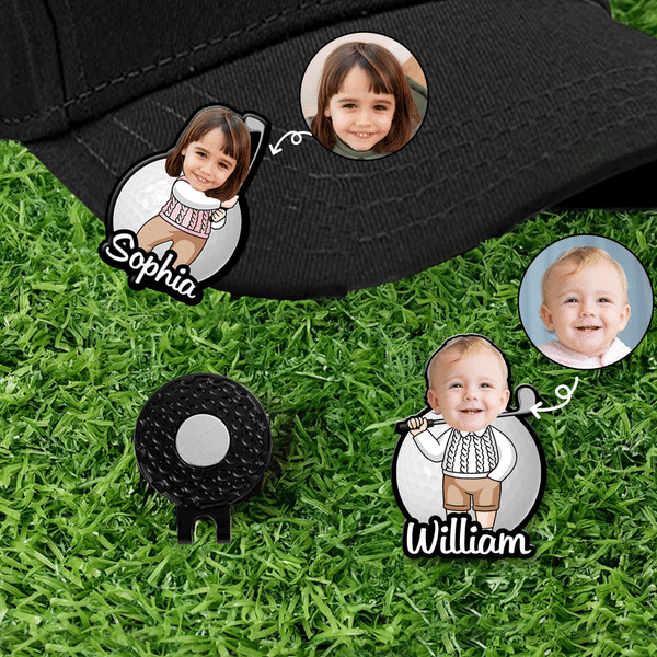 Personalised Cartoon Character Kid Face Photo Golf Ball Marker Magnetic Hat Clip with Name Game Day Birthday Gift for Dad Golf Lovers