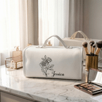 Personalized PU Leather Foldable Travel Makeup Bag with Birth Flower and Name Birthday Gift for Woman