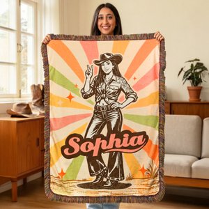 Couverture légère personnalisée « Cowgirl vintage » avec photo, prénom et pompon – Décoration d'intérieur, cadeau d'anniversaire ou de mariage pour les femmes et les cowgirls