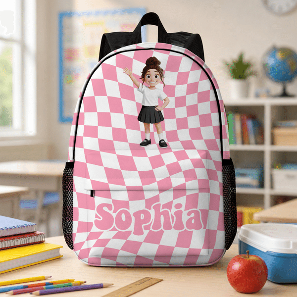 Personalized 3D Cartoon Character Multicolour Plaid Large Capacity Backpack with Name Back to School Birthday Gift for Boys Girls