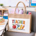 Personalised Faux Patchwork Style Large Capacity Classic Jute Tote Bag with Text Daily Use Holiday Teacher's Day Gift for Educators Teachers