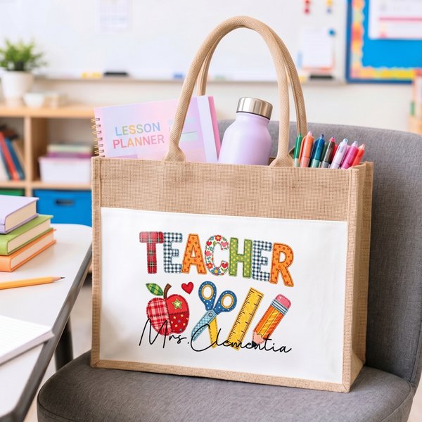 Personalised Faux Patchwork Style Large Capacity Classic Jute Tote Bag with Text Daily Use Holiday Teacher's Day Gift for Educators Teachers