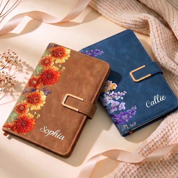 Personalised Birth Flower PU Leather A5 Notebook with Name Daily Office Use Appreciation Birthday Gift for Teachers Colleagues Friends