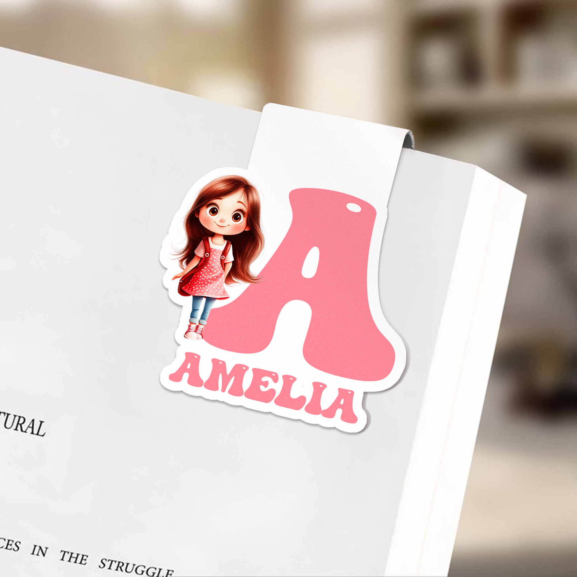 Personalisierter Magnet-Lesezeichenclip mit Comicfigur, Namen und Initialen – ein Geburtstags- oder Weihnachtsgeschenk für Bücherwürmer und Lesebegeisterte