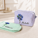 Personalised Multicolour Starry Sky Birth Flower Striped Makeup Bag with Name Daily Travel Essential Birthday Gift for Women