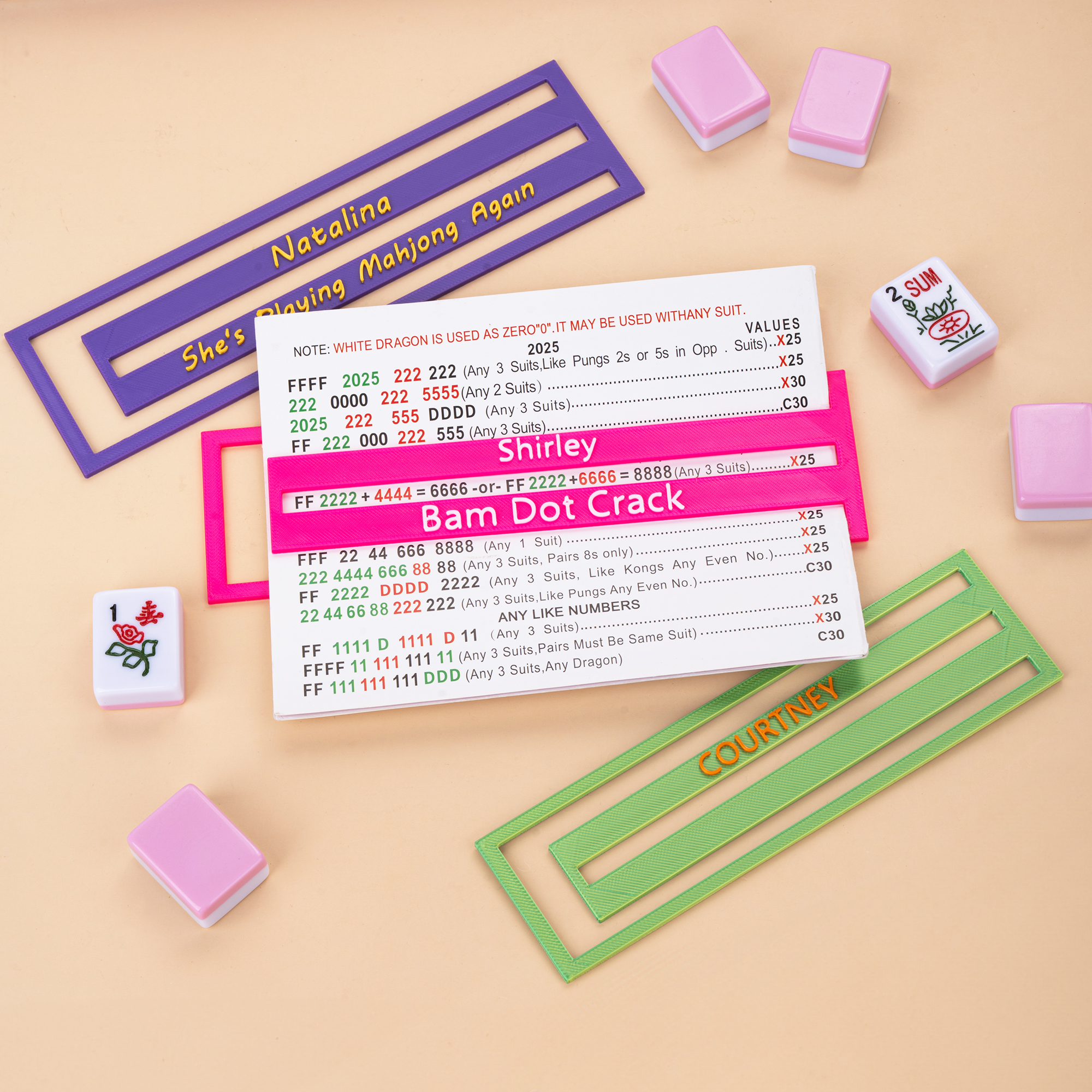 Personalisierter, mehrfarbiger, 3D-gedruckter Mahjong-Linienleser-Clip mit Namen – Geschenk für einen Mahjong-Gruppen-Spieleabend für Mahjong-Liebhaber