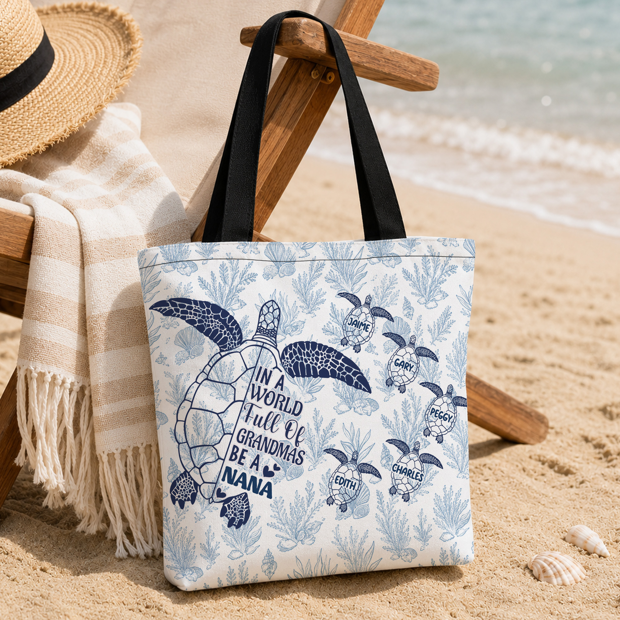Personalisierte, mehrfarbige Strandtasche mit großem Fassungsvermögen und Meeresschildkröte-Motiv, mit Titel und Namen – perfekt als Geschenk für Strandpartys, Reisen oder Geburtstage für Frauen und d