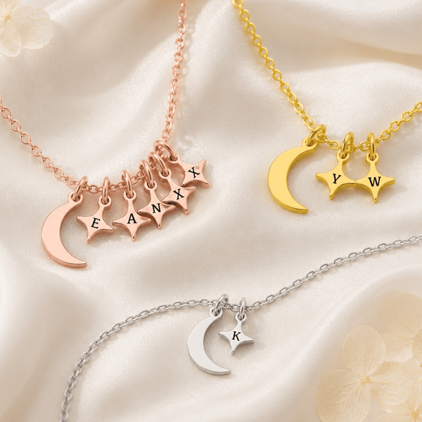 Personalised 1-7 Stars Moon Pendant Necklace with Initial Dainty Jewellery Anniversary Birthday Gift for Mum Gran