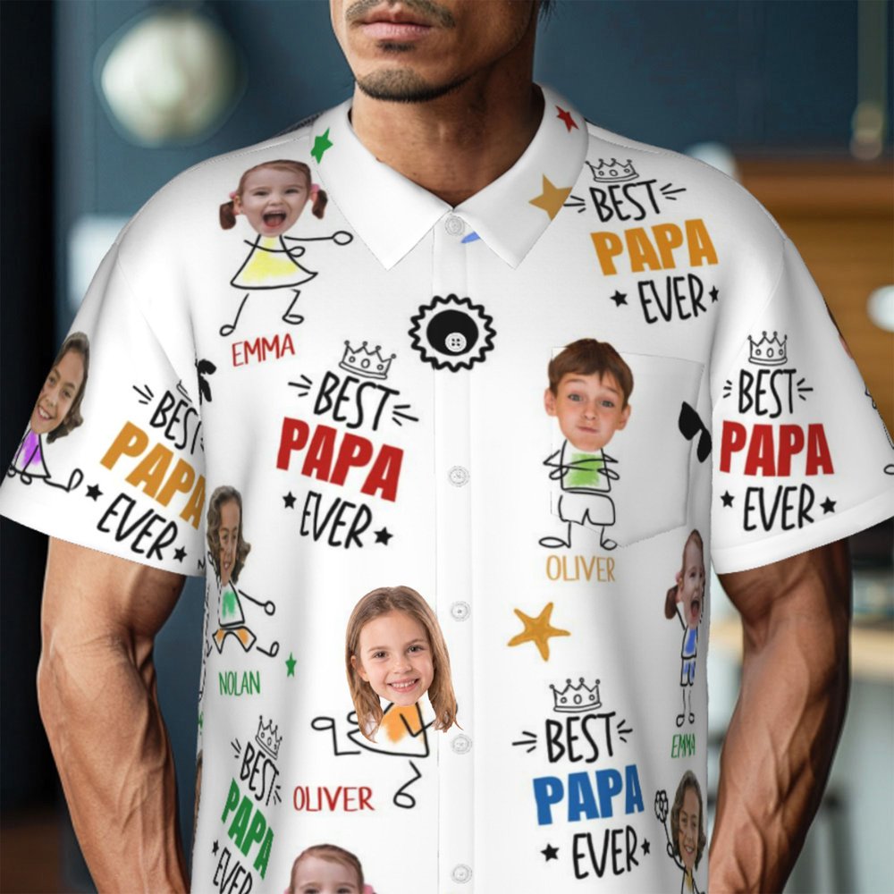 Personalised Best Papa Ever Funny Face Photo 100% Cotton Men's Hawaiian Shirt with Colourful Names Birthday Summer Vacation Gift for Dad Grandpa 8