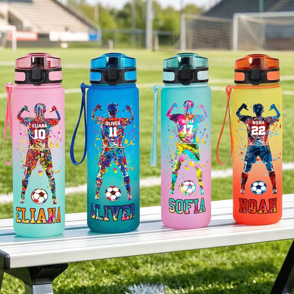 Personalized Soccer Character Silhouette Name Sports BPA-Free 32 oz Water Bottle with Flip Top Lid Gym Birthday Gift for Teenager Soccer Lover