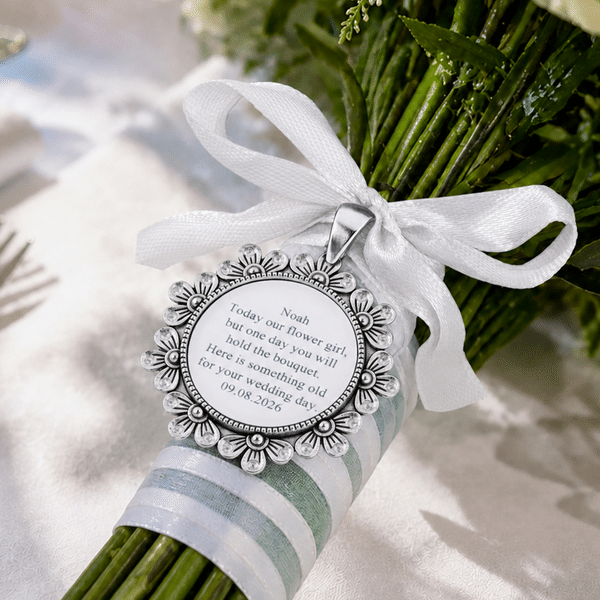 Personalized Vintage Ribbon Flower Bouquet Charm with Name and Date Bridal Bouquet Decor Wedding Gift for Bride Couple Flower Girl