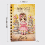 Personalized Cartoon Reading Girl 2026-2028 Planner A5 Spiral Notebook with Name and Monthly Planner Pages Birthday Back to School Gift for Girls