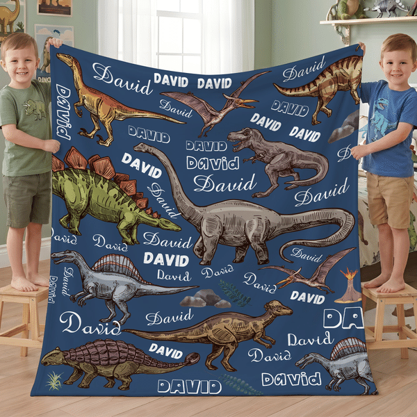 Personalised Dinosaur Name Word Cloud Multicolour Soft Throw Blanket Home Decor Birthday Gift for Dinosaur Lover