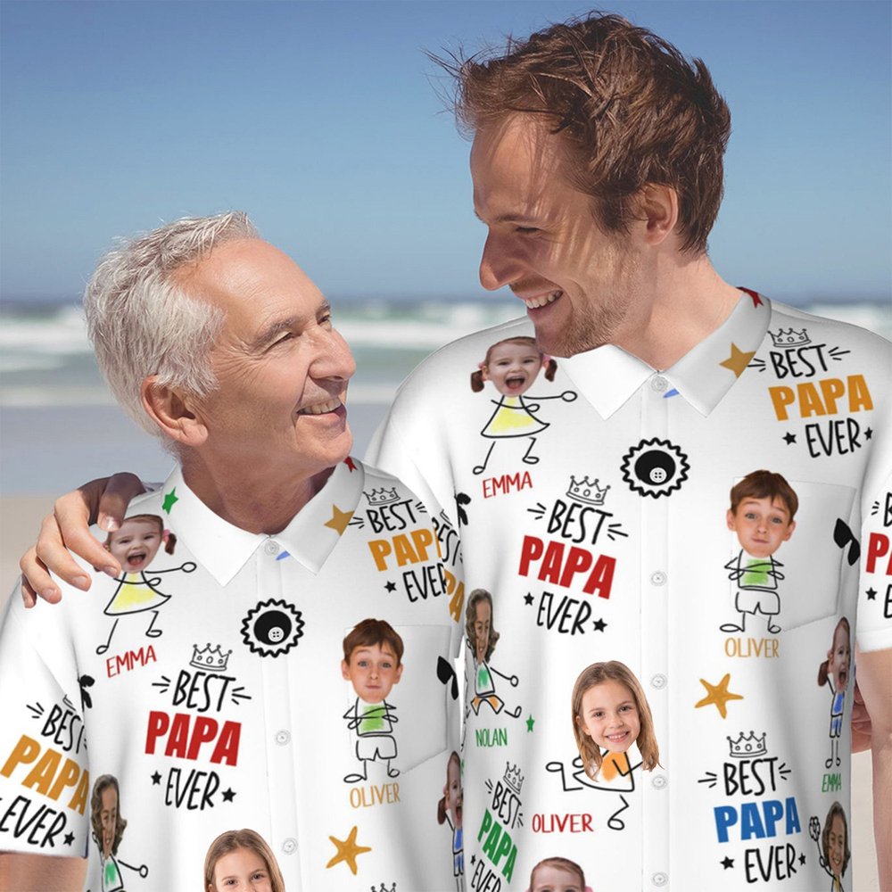 Personalised Best Papa Ever Funny Face Photo 100% Cotton Men's Hawaiian Shirt with Colourful Names Birthday Summer Vacation Gift for Dad Grandpa 6