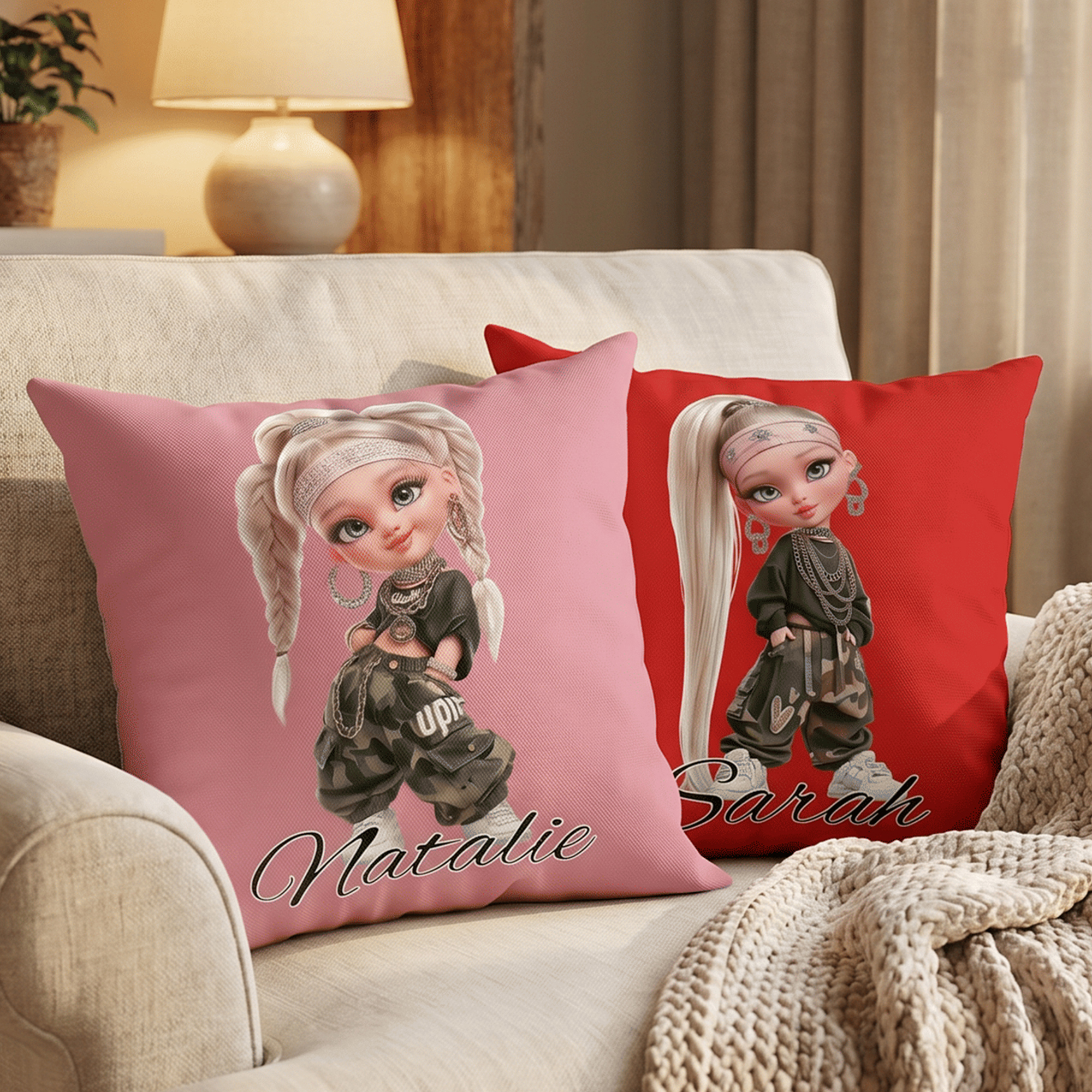 Individuell gestalteter, weicher Kissenbezug mit Y2K-Cartoon-Figur und Namen – Wohnaccessoire für Sofa und Schlafzimmer, Geburtstagsgeschenk für junge Mädchen und die ganze Familie