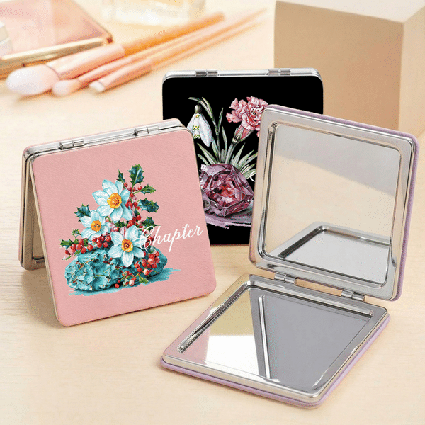 Personalised Birth Flower Birthstone Compact PU Leather Square Makeup Mirror with Name Birthday Wedding Party Gift for Women