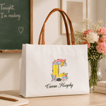 Personalized Yellow Pencil Initial Large Capacity Canvas Bag with Name Daily Use Back to School Teacher's Day Gift for Woman Teacher