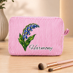 Personalised Multicolour Starry Sky Birth Flower Striped Makeup Bag with Name Daily Travel Essential Birthday Gift for Women