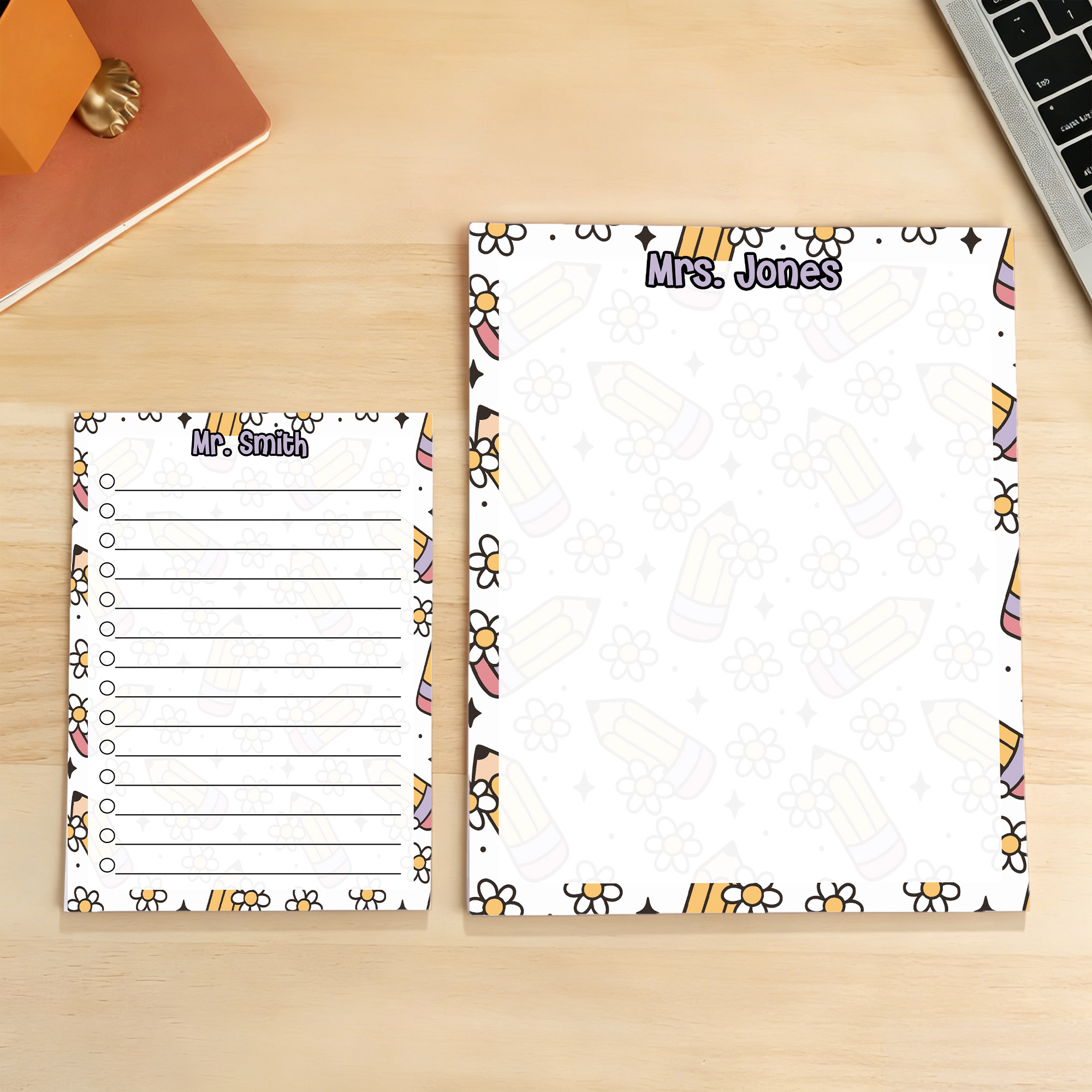 Personalisierter, niedlicher Notizblock mit Bleistift-Blumen-Motiv im Cartoon-Stil, 40/80 Seiten, mit Text – Dankeschön zum Lehrertag, Geschenk zum Schuljahresbeginn für Lehrer