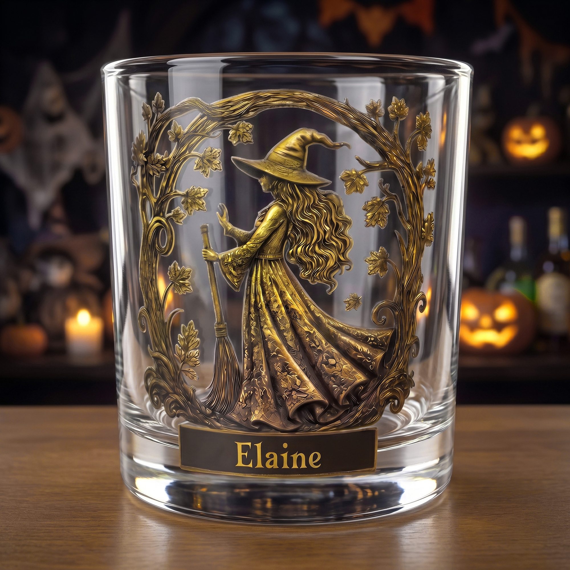 Personalisiertes Whiskyglas im Vintage-Hexenhut-Gothic-Stil (10 oz) mit Namen – Party- und Geburtstagsgeschenk für Whisky-Liebhaber und Freunde